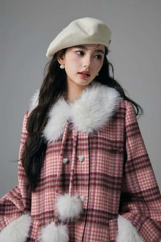 Mid-length Red Plaid Sweet Temperament Woolen Jacket YOO0010 Notch Collar Peter Pan Collar Cowl Neck