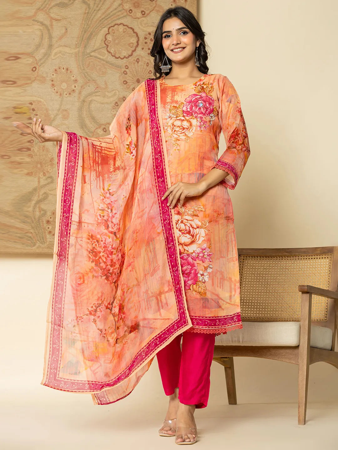 Yufta Pink Floral Embroidered Regular Sequinned Kurta with Trousers & With Dupatta Trousers Mesh Breathable