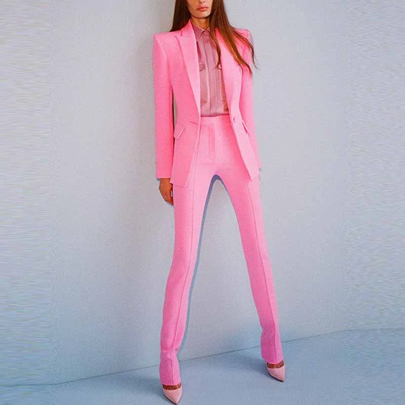 Pink Two Piece Set Business Single Buttons Pants Formal Suit Chic Checkered Pants