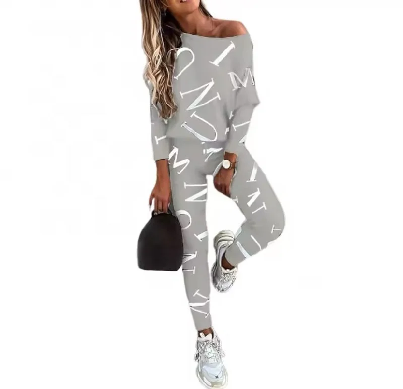 Women's Letters Printed Long-sleeved Trousers Casual Suit 108743 L Trousers Pleated Formal