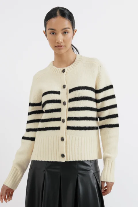 Stripe Button Through Cardigan Zippered Front Buttoned Front Snap Front