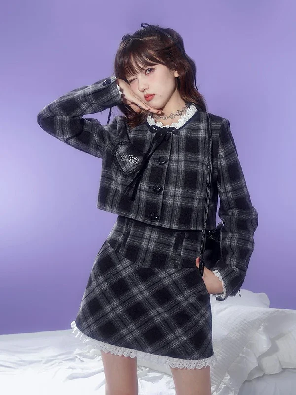 Cropped Plaid Jacket & A-Line Mini Skirt SAG0088 A-Line Jacket Boat Neck Shawl Collar