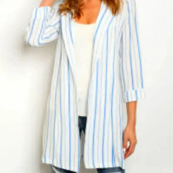 Blue Pin Striped Cardigan Glossy Satin Silk