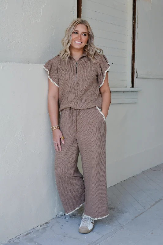 Mocha Wide Leg Knit Trousers Trousers Yoga Stretchy