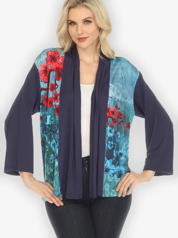 Joy Bloom Border Knit Cardigan in Blue Terry Terry Cloth Terry Knit