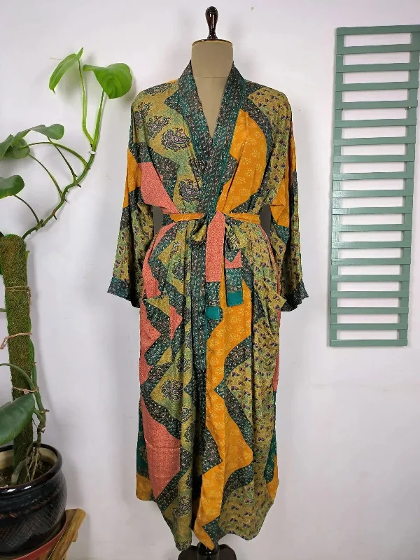 Upcycle Boho Chic Coverup Recycle Silk Sari Kimono Gorgeous Wardrobe Vintage Elegance House Robe | Duster Cardigan Green Paisley Floral Denim Fabric Leather Fabric Suede Fabric