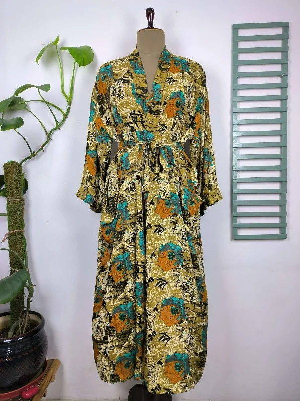 Upcycle Boho Chic Coverup Recycle Silk Sari Kimono Gorgeous Wardrobe Vintage Elegance House Robe | Duster Cardigan Yellow Black Hues Floral Wool Fabric Cashmere Fabric Tweed Fabric