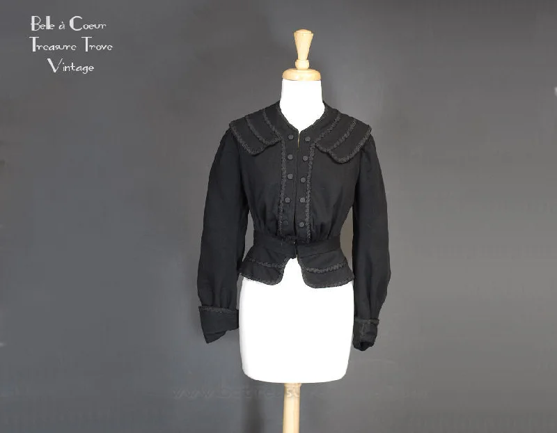 Antique Bodice Jacket Black Wool with Braided Trim Victorian Edwardian XXS Satin Jacket Silk Jacket Chiffon Jacket