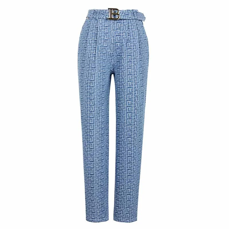 Women's Belted Soft Denim Pants Casual Drawstring Pants