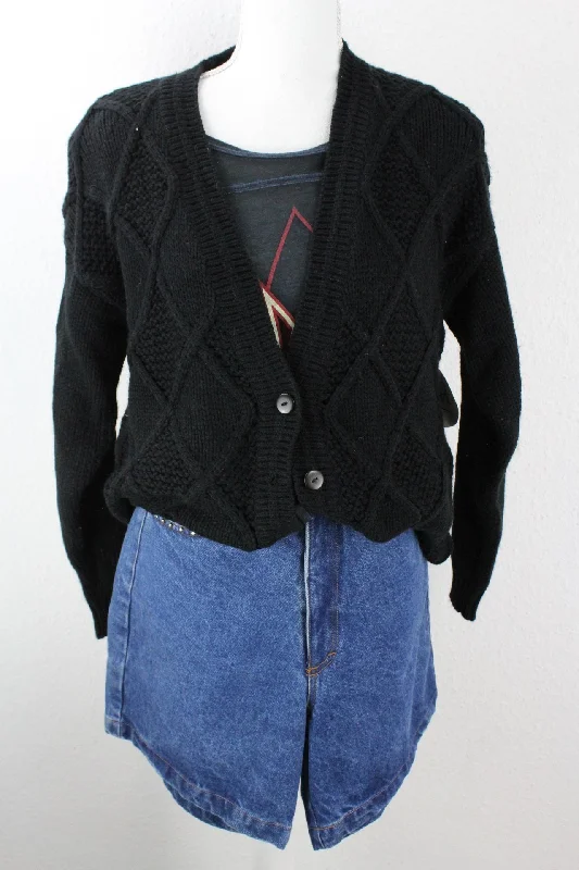 Vintage Black Basic Cardigan (L) Crew Neck V-Neck Turtle Neck