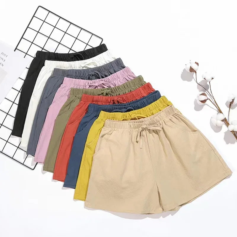 Cotton Linen Beach Shorts Women Basic Short Pants Mini Wide Leg Trousers Ladies Fashion Casual Home Streetwear Trousers Leisure Comfortable