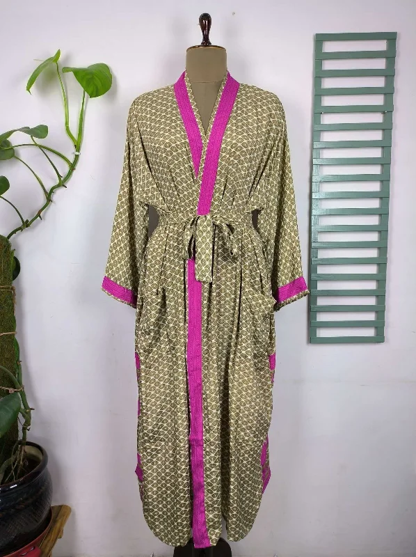 Upcycle Boho Chic Coverup Recycle Silk Sari Kimono Gorgeous Wardrobe Vintage Elegance House Robe | Duster Cardigan | Beige Golden Motifs Front Pockets Side Pockets Patch Pockets