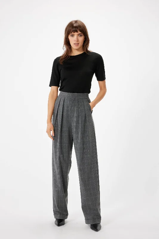 RUE SOPHIE DOUBLE PLEAT TROUSER - GREY PLAID Trousers Plaid Checkered