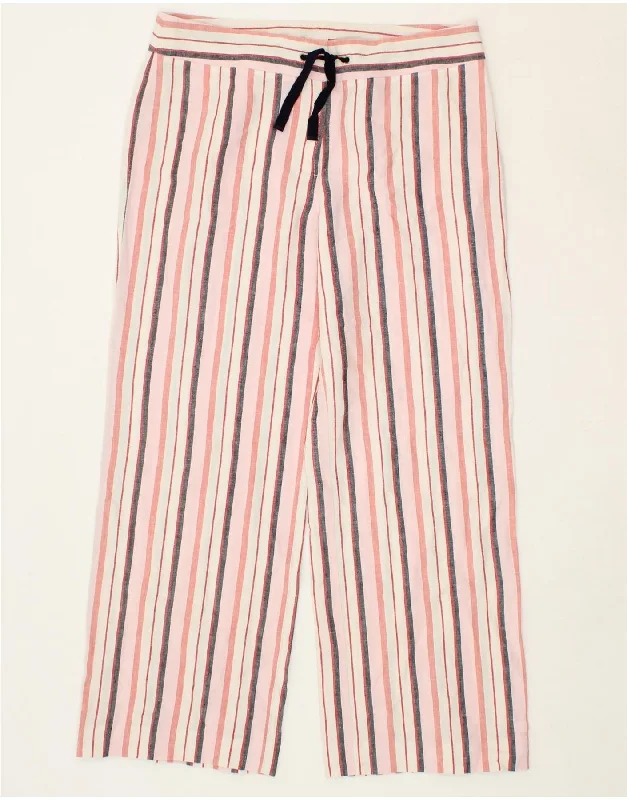 TOMMY HILFIGER Womens Wide Leg Casual Trousers W32 L28 Pink Striped Linen Trousers Seasonal Trendy