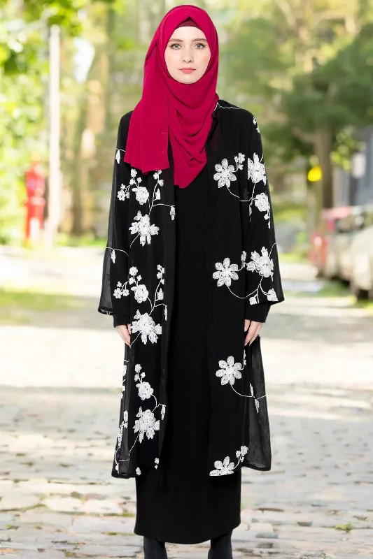 Black and White Embroidered Sheer Midi Cardigan Fitted Slim Tailored