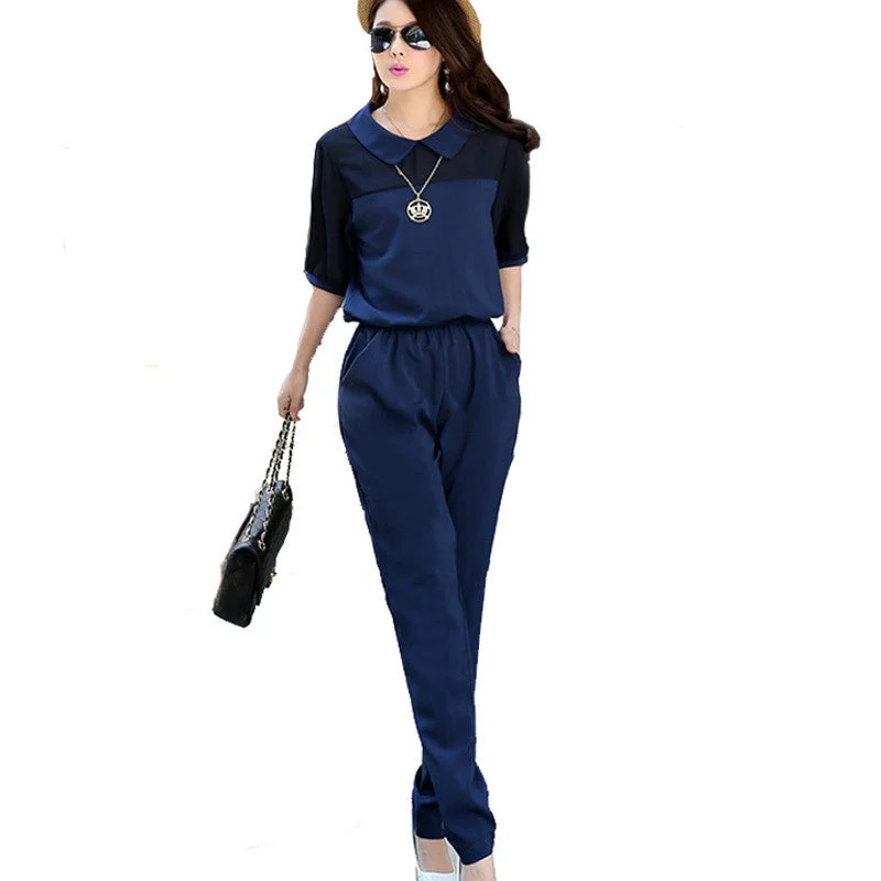 Large Size 3XL 4XL Summer Jumpsuits One Piece Pants Lapel Elegant Salopette Black Blue Long Trousers Trousers Denim Blue