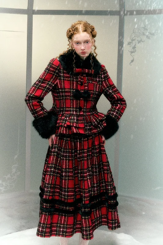 Red And Black Plaid Detachable Fur Collar Jacket/Skirt NAR0014 Elasticated Jacket Padded Jacket Insulated Jacket