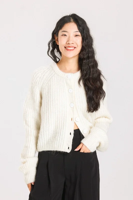 Janet Ribbed Alpaca wool  Knit Cardigan - Cream Velvet Chenille Corduroy