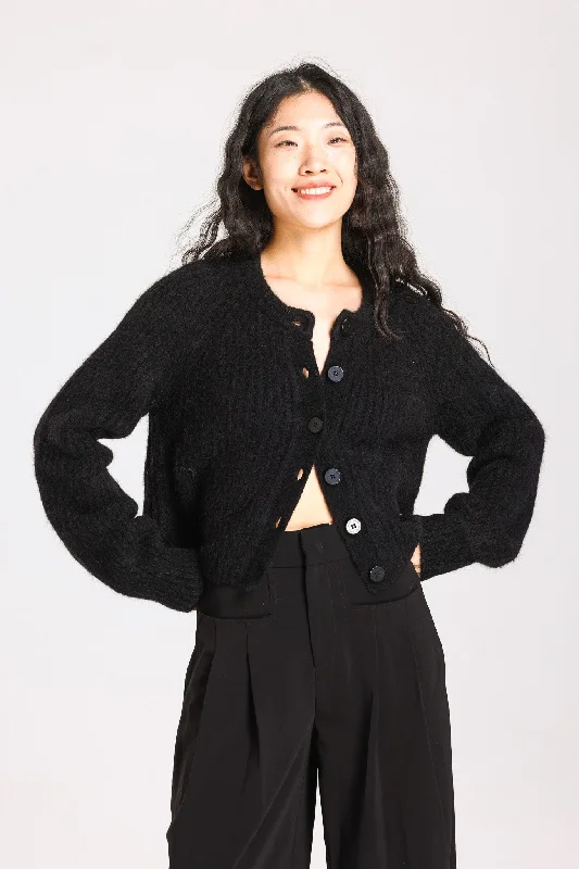 Janet Ribbed Alpaca wool  Knit Cardigan - Black Herringbone Houndstooth Plaid