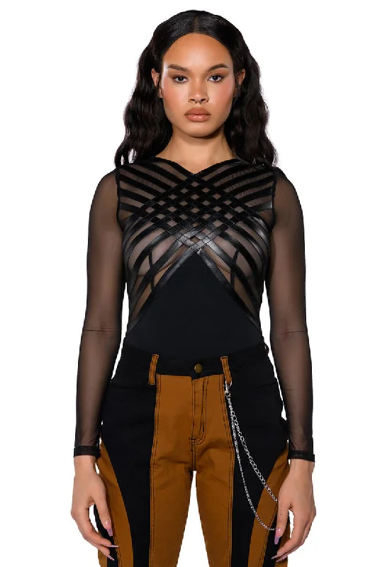 AFTER DARK FAUX LEATHER PANEL LONG SLEEVE MESH BODYSUIT Stylish Bodysuit with Lace Accents