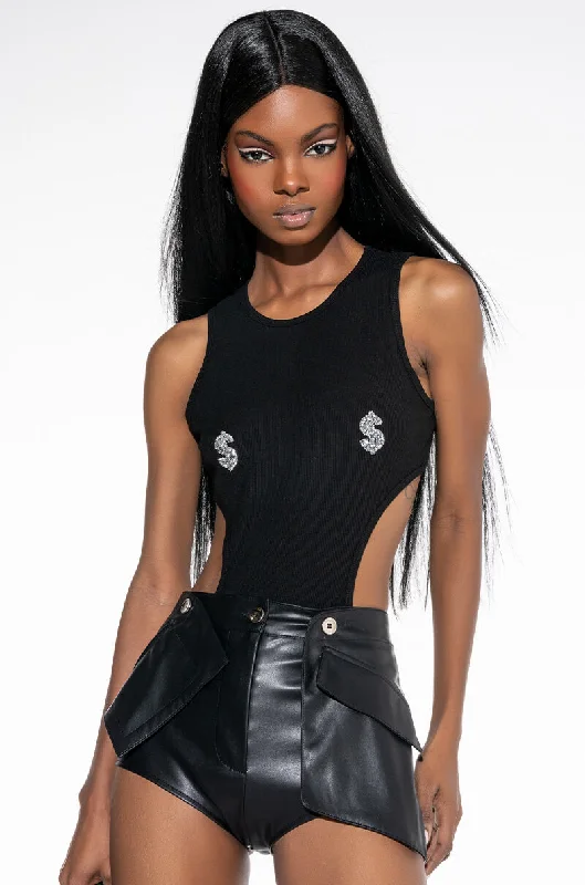 ALL I SEE IS SIGNS CUTOUT EMBELLISHED CREW NECK BODYSUIT Trendy Sculpting Bodysuit