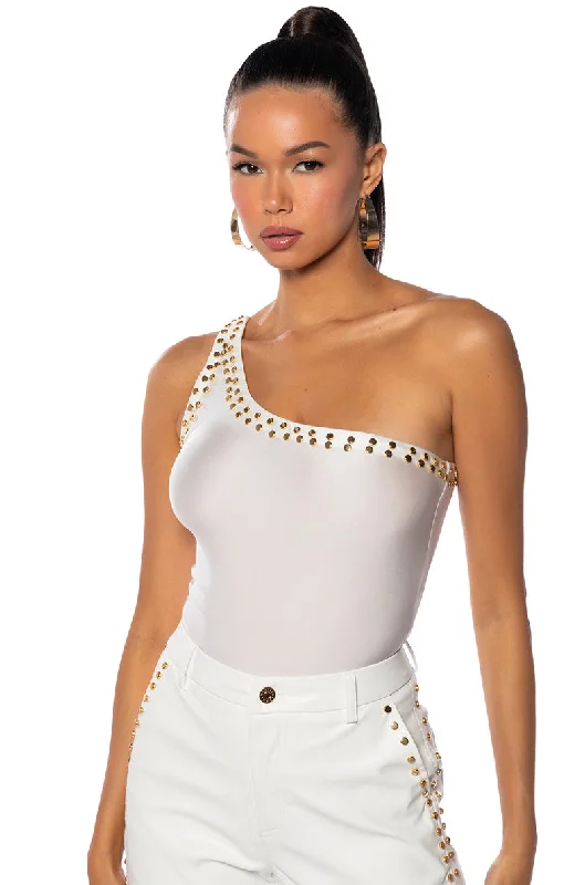 ALWAYS ON TIME ONE SHOULDER SLINKY BODYSUIT Fashionable Plunge Bodysuit