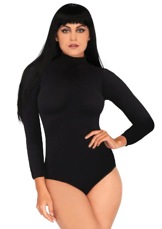 Black Mock Turtleneck Bodysuit Elegant Bodysuit with Mesh Panels