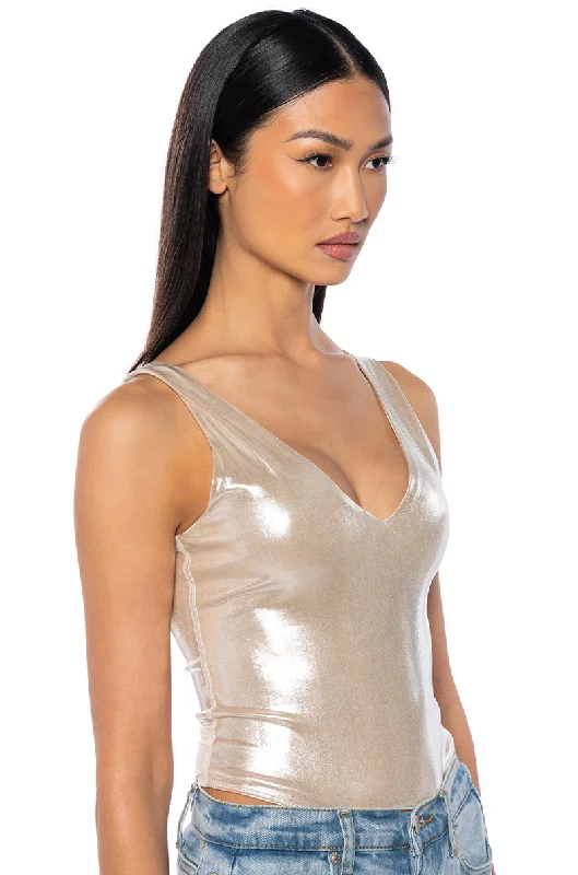 CHIARA METALLIC V NECK BODYSUIT Elegant Button-Up Bodysuit