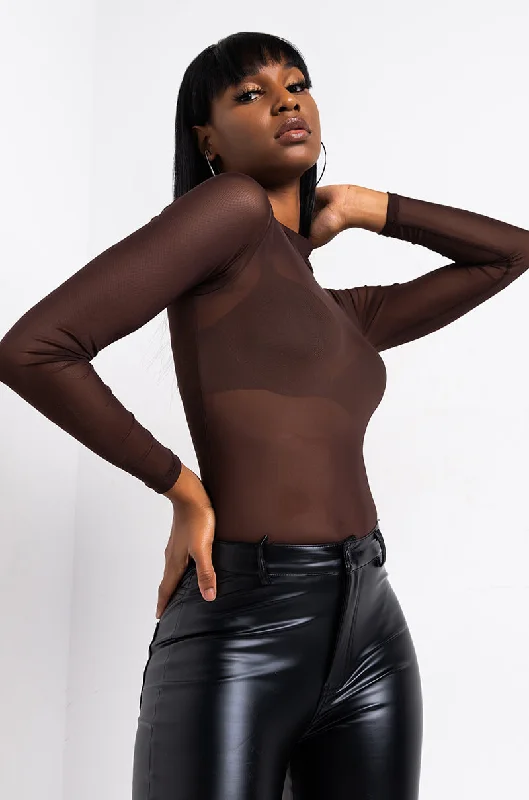 FEELING NEUTRAL LONG SLEEVE MOCK NECK MESH BODYSUIT DARK BROWN Stylish Backless Bodysuit