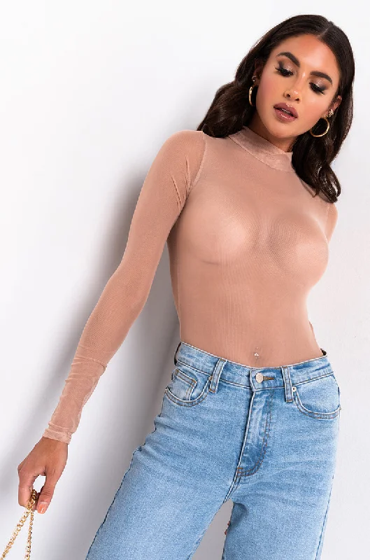 FEELING NEUTRAL LONG SLEEVE MOCK NECK MESH BODYSUIT LIGHT BROWN Fashionable Turtleneck Bodysuit