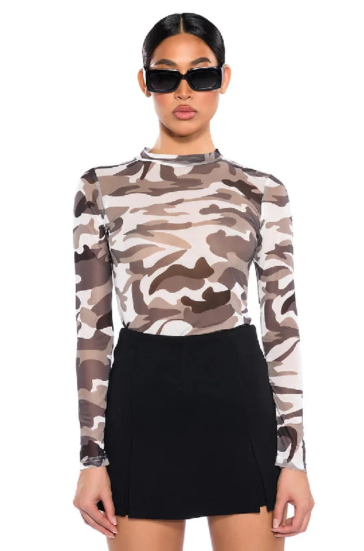 FIND ME CAMO MESH BODYSUIT Trendy Scoop Back Bodysuit