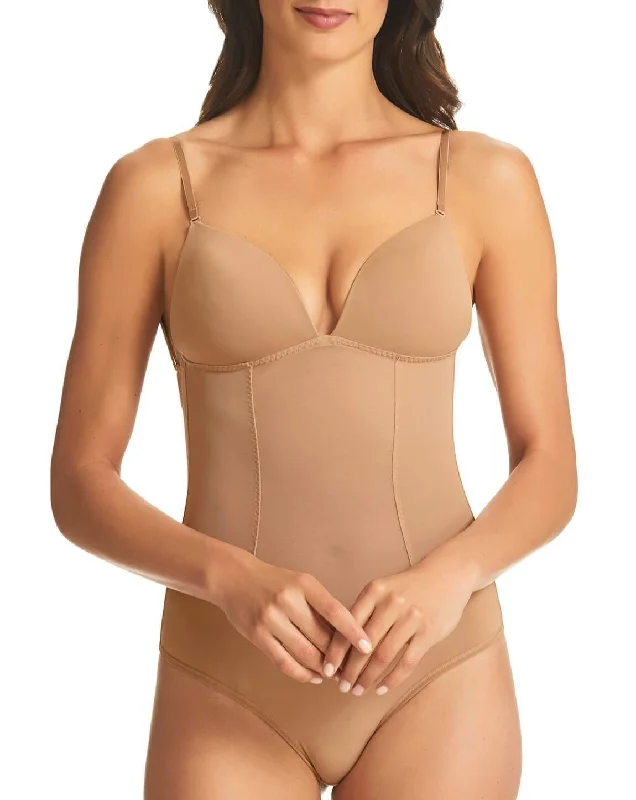 Finelines Refined Backless Bodysuit - Nude Stylish Faux Leather Bodysuit