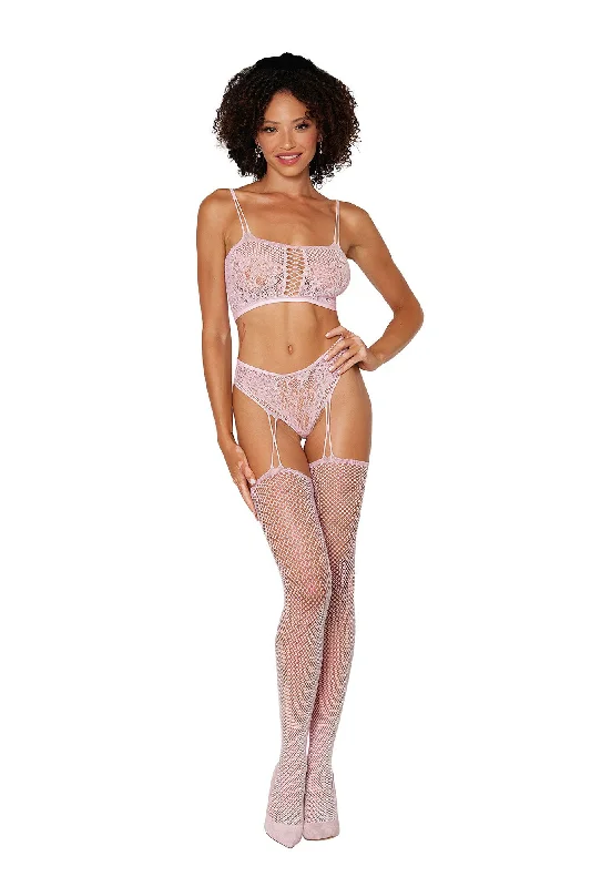 Fishnet and Knitted Lace Design Two Piece Bodystocking Set Comfortable Ruffled Bodysuit