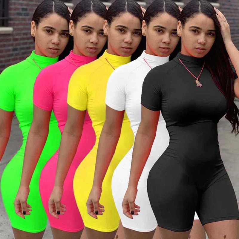 Womens Fitness Streetwear Bodysuit Mock Neck Short Sleeve Casual Outfit Stylish Low-Cut Bodysuit