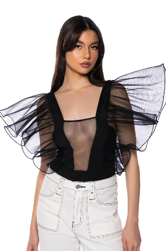 HARLOW BUTTERFLY SLEEVE MESH BODYSUIT Trendy Off-Shoulder Bodysuit