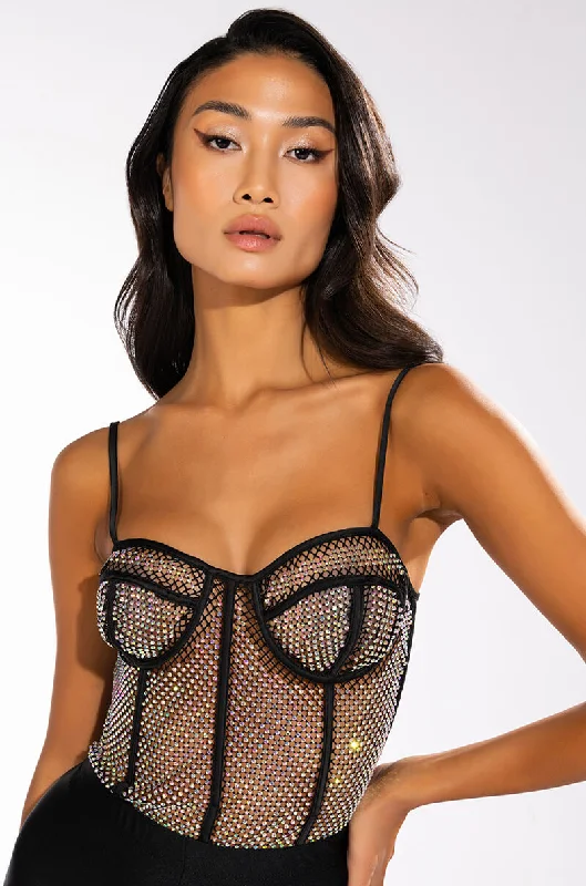 I LIKE THE WAY U MOVE RHINESTONE MESH SLEEVELESS BODYSUIT Fashionable Slim Fit Bodysuit