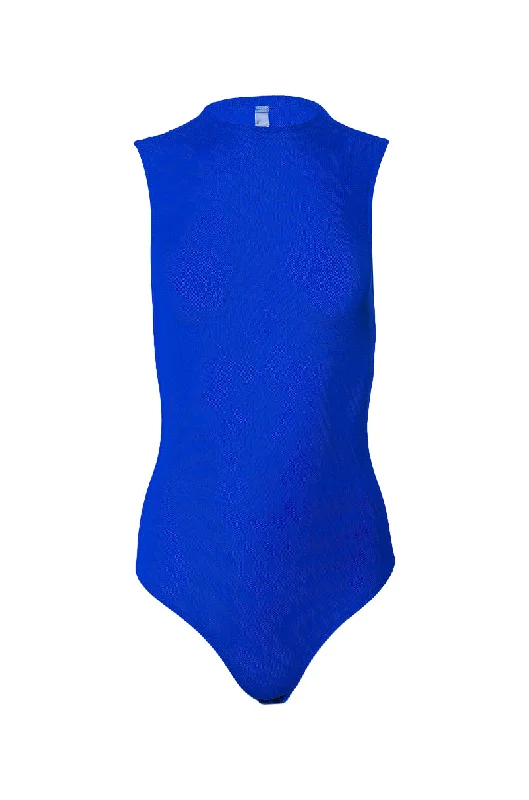 PAXTON SLEEVELESS MESH BODYSUIT IN ROYAL BLUE Stylish Mock Neck Bodysuit