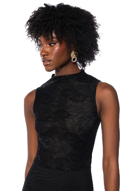 PHOENIX STRETCH LACE MOCK NECK BODYSUIT IN BLACK Fashionable Cross-Back Bodysuit