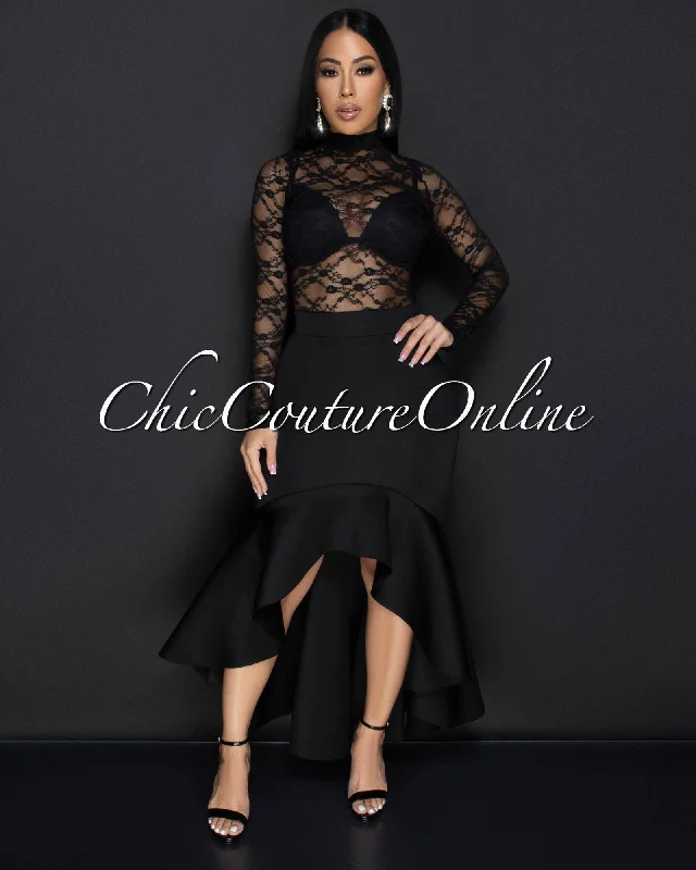 Primrose Black Lace Bodysuit & Hi-Lo Skirt Set Trendy Bodysuit with Cutouts