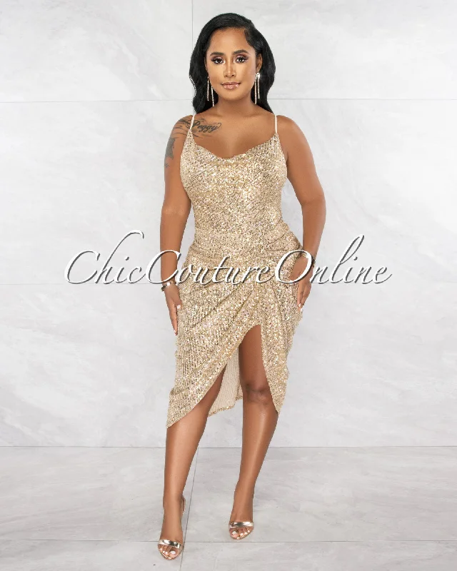 Saunders Nude Gold Sequins Draped Bodysuit Midi Dress Comfortable Ribbed Bodysuit