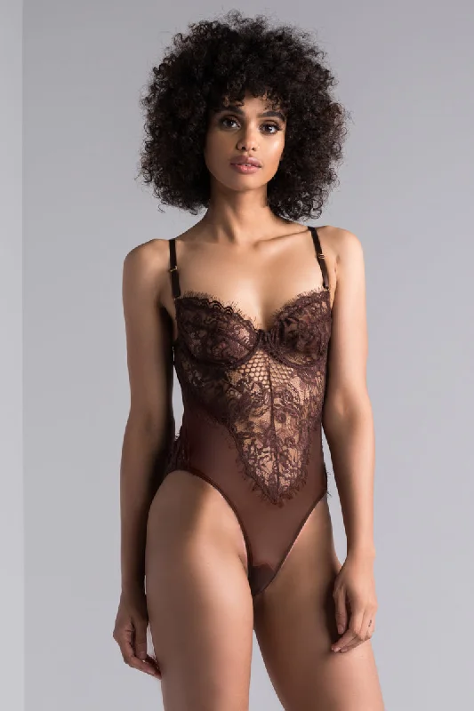 SEXY LACE DRESSY BODYSUIT BROWN Comfortable Lace Bodysuit