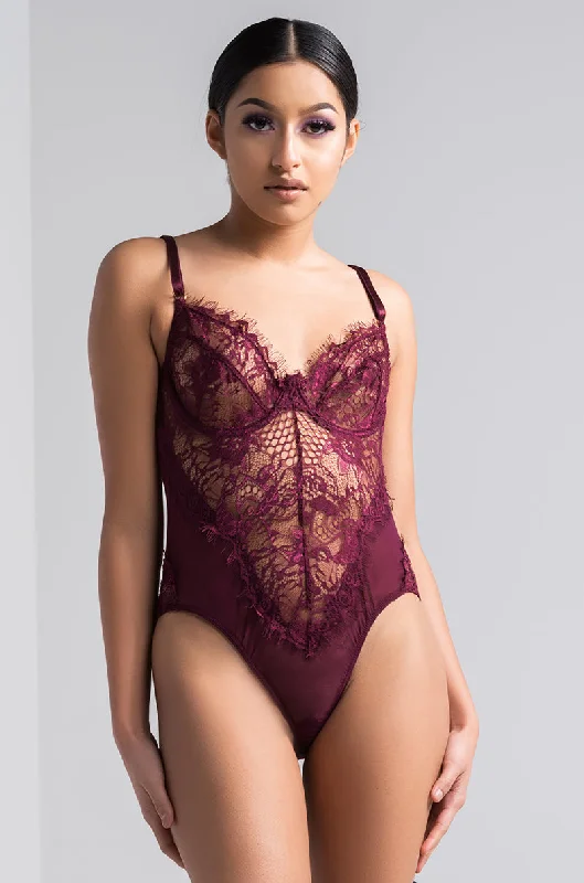 SEXY LACE DRESSY BODYSUIT BURGUNDY Comfortable Bodysuit with Deep V