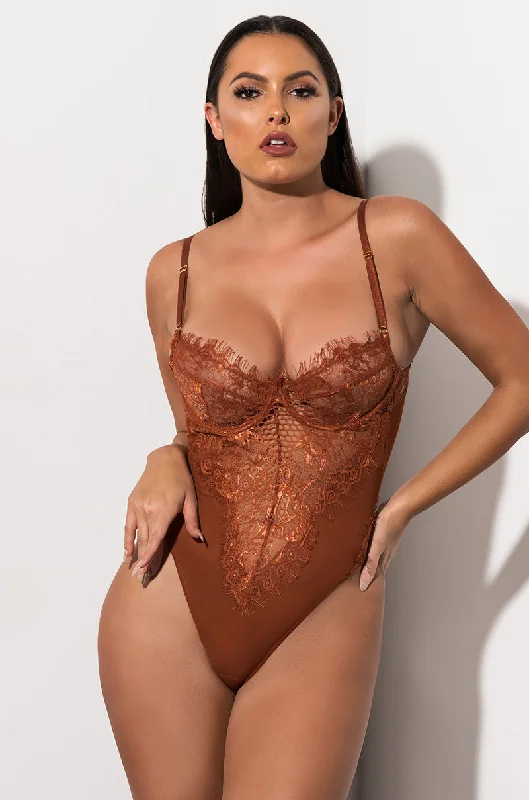 SEXY LACE DRESSY BODYSUIT COPPER Fashionable Sleeveless Bodysuit with Buttons