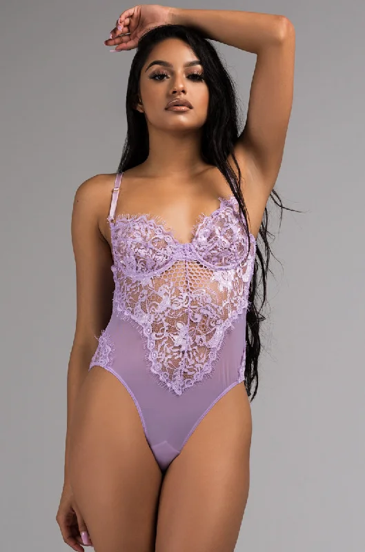 SEXY LACE DRESSY BODYSUIT LAVENDER Trendy High-Leg Bodysuit