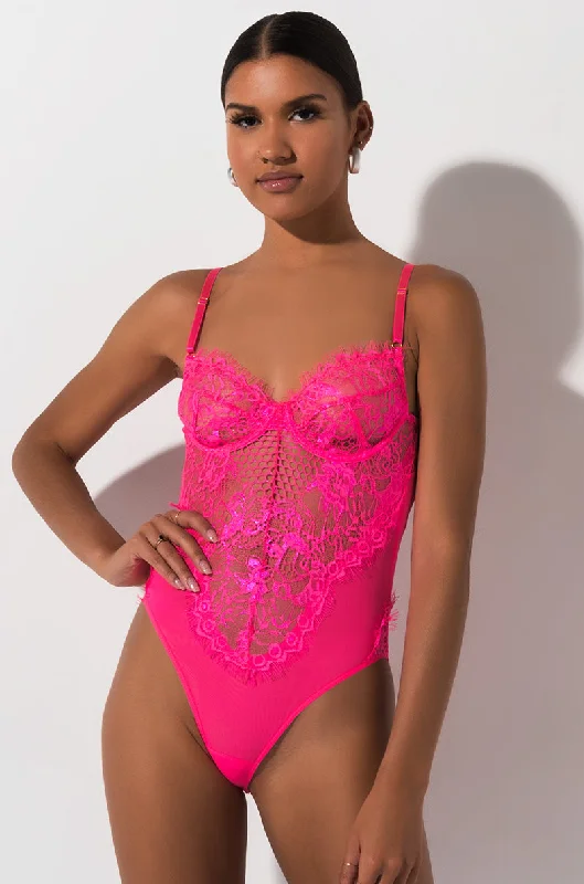 SEXY LACE DRESSY BODYSUIT NEON PINK Comfortable Ruffled Bodysuit