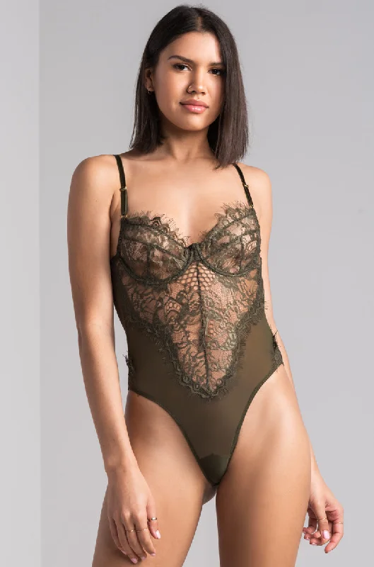 SEXY LACE DRESSY BODYSUIT OLIVE Elegant Bodysuit with Mesh Panels