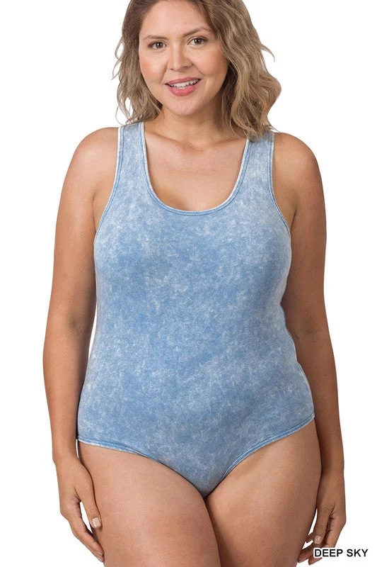 ZENANA Acid Washed Racerback Tank Bodysuit Elegant Sheer Bodysuit