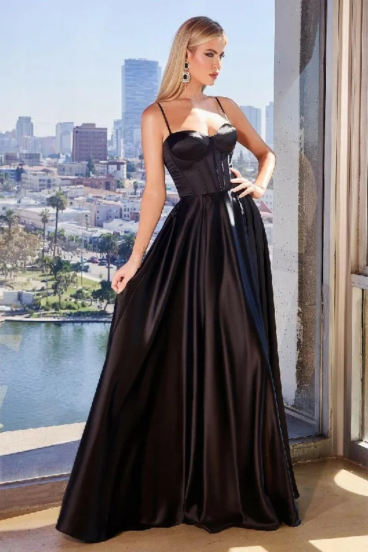 A-Line Satin Side Slit Bustier Spaghetti Straps Long Evening Dress CDCD337 Turtleneck Neckline Stylish