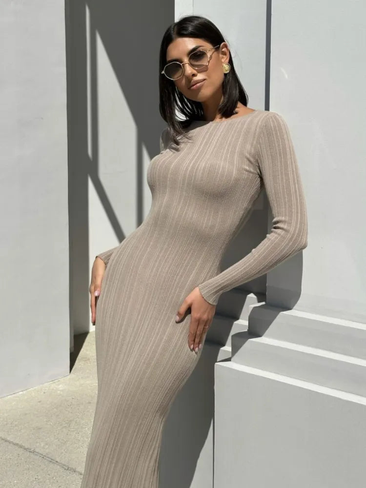 Autumn Long Sleeve Knitted Maxi Dress Women Elegant Sexy Pit Strip O-Neck Bodycon Evening Party Dresses Lady Casual Dress Tunics Gym athletic