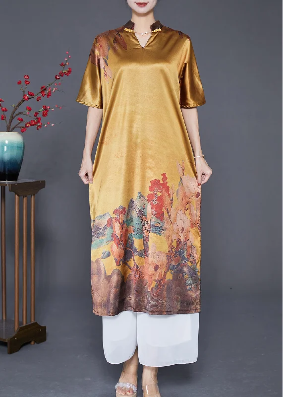 Casual Yellow V Neck Print Silk Party Dress Summer Tunics Chinos classic